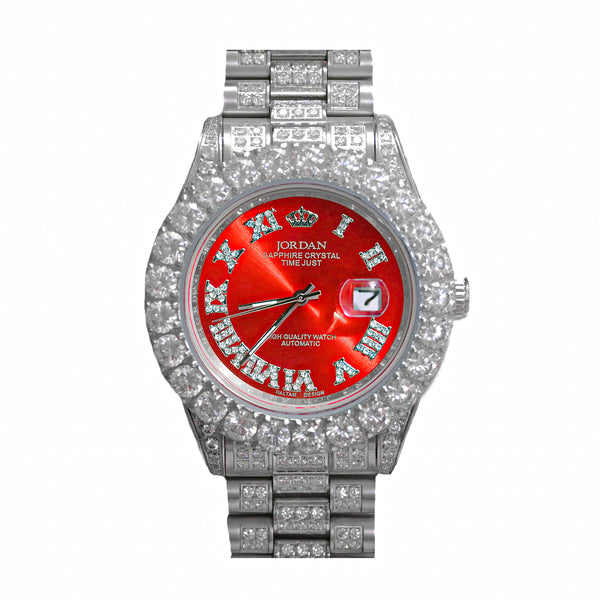 IcedOut Silver Band Jordan Watch With Red Dial