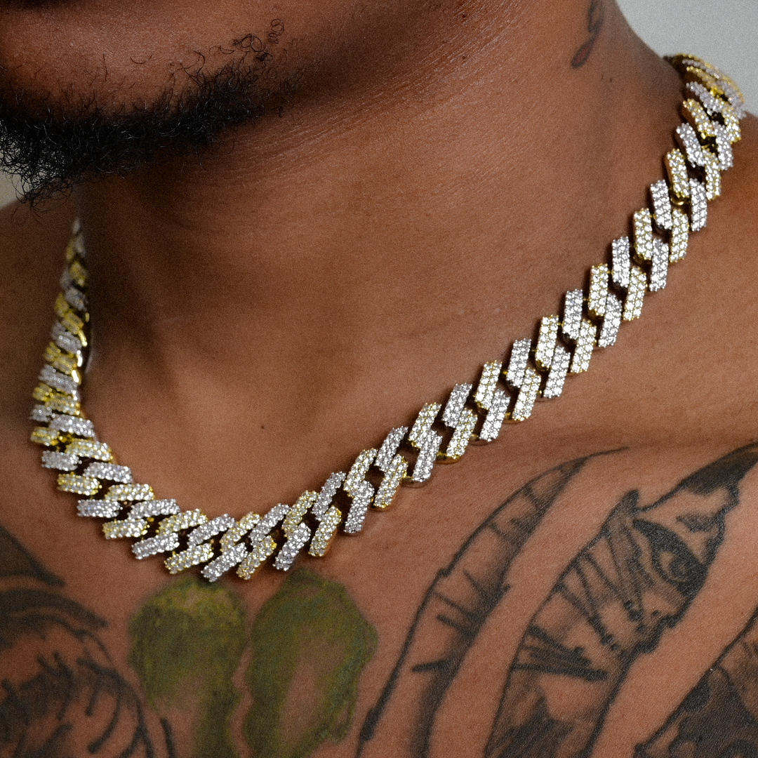 Diamond Prong Cuban Link Choker (12mm) in Yellow/White