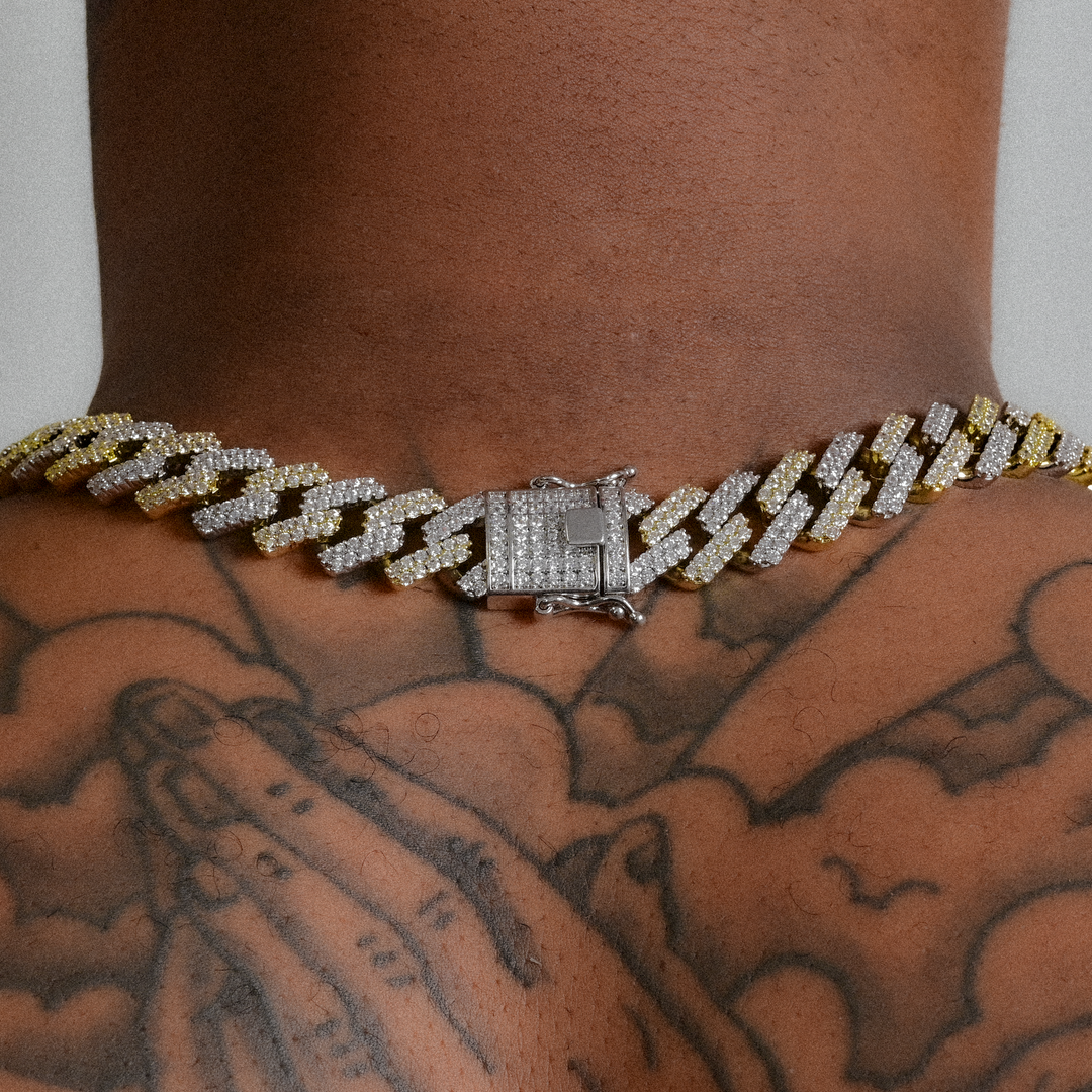 Diamond Prong Cuban Link Choker (12mm) in Yellow/White