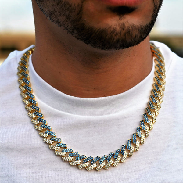 Two-Tone Prong Cuban Link Choker (12mm) in Blue/Gold