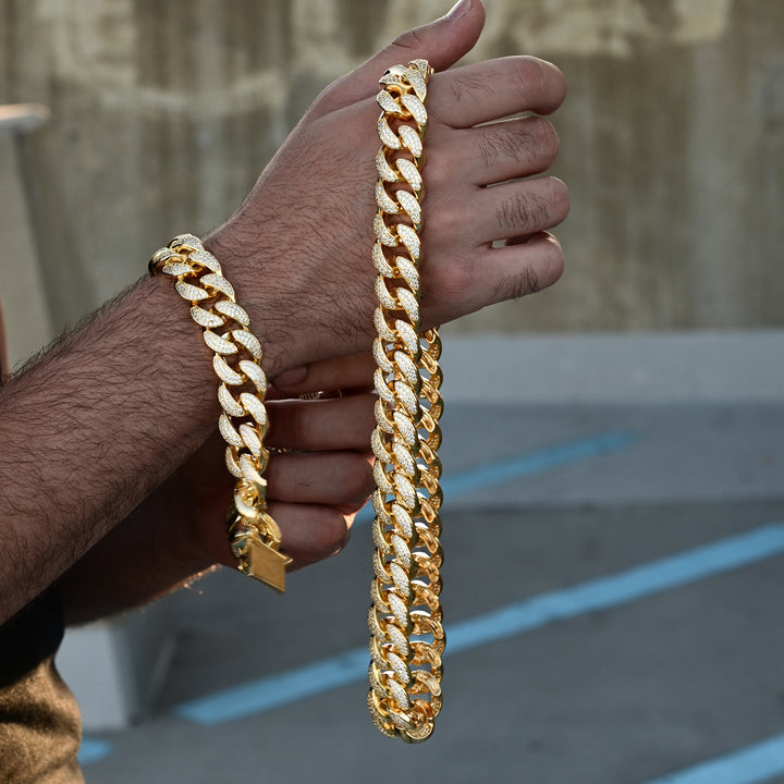 Diamond Miami Cuban Chain/Bracelet Bundle (19mm) in Yellow Gold