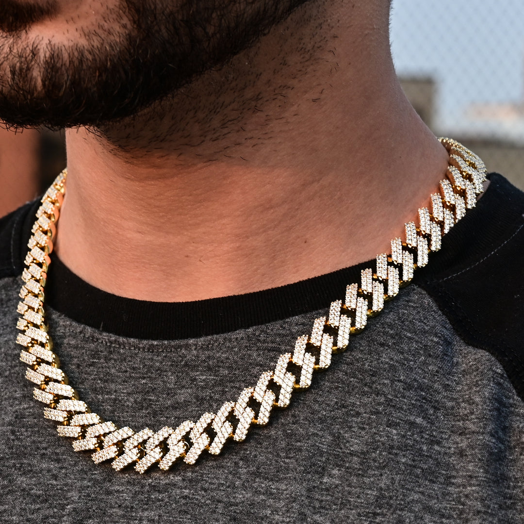 Diamond Prong Cuban Necklace (14mm) in Yellow Gold