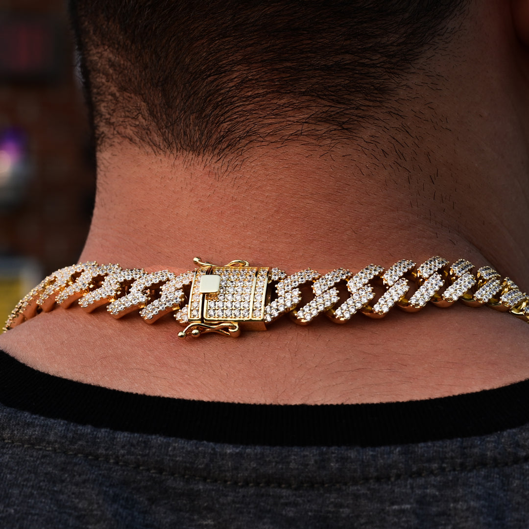 Diamond Prong Cuban Necklace (14mm) in Yellow Gold