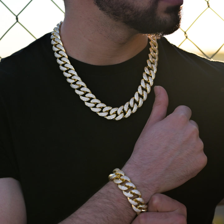 Diamond Miami Cuban Chain/Bracelet Bundle (19mm) in Yellow Gold