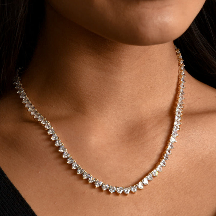 Heart Tennis Necklace in Yellow Gold