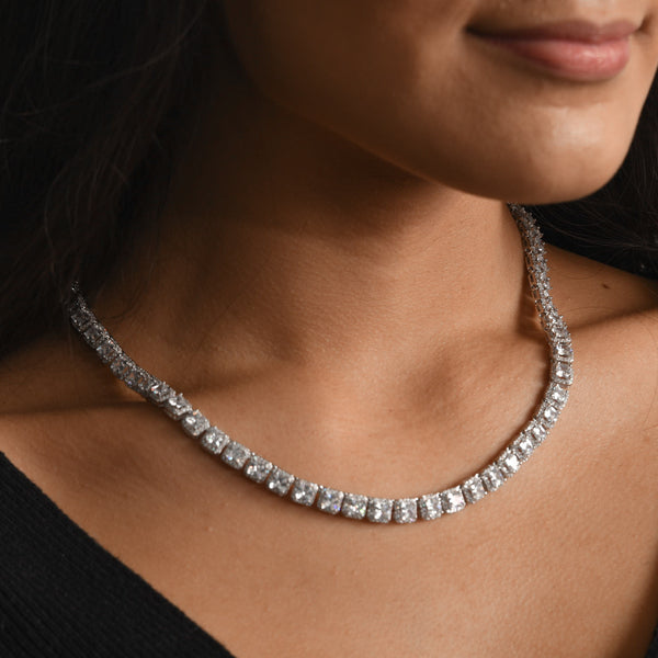 Clustered Tennis Necklace in White Gold